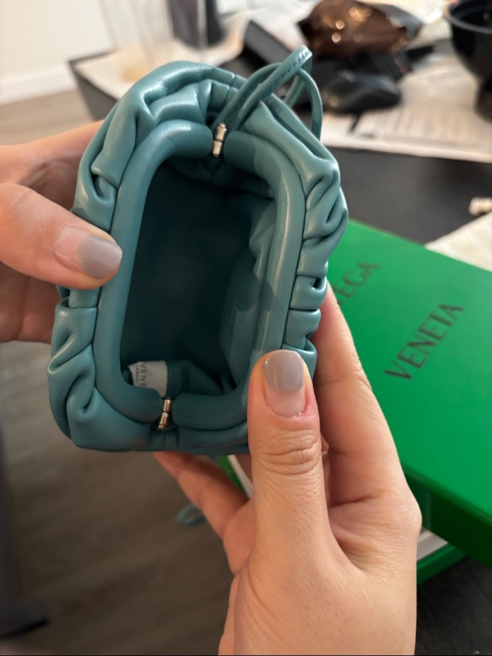 Bottega Veneta Teal Mini Gathered Leather Coin Pouch with Strap - Picture 9 of 9